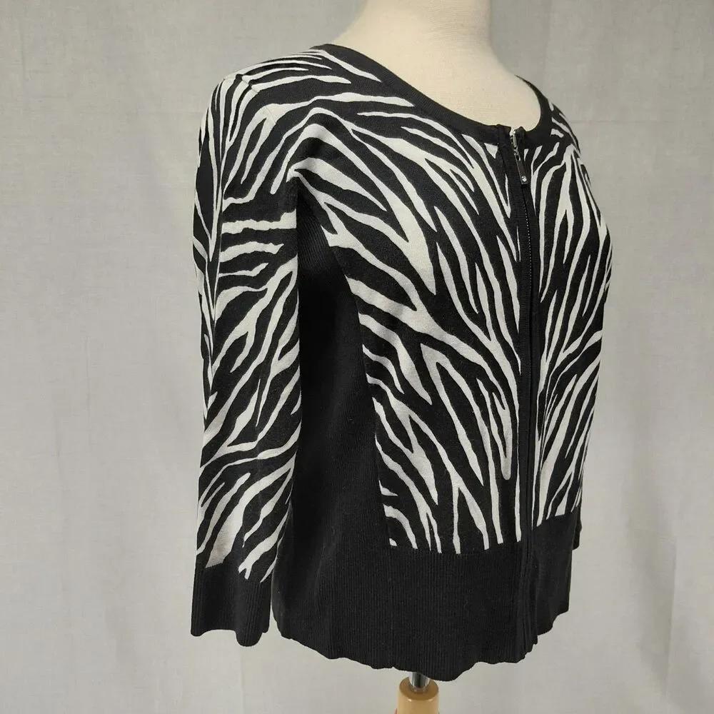 White House Black Market zebra print 3/4 sleeve zip front cropped cardigan SZ XL - Picture 2 of 8